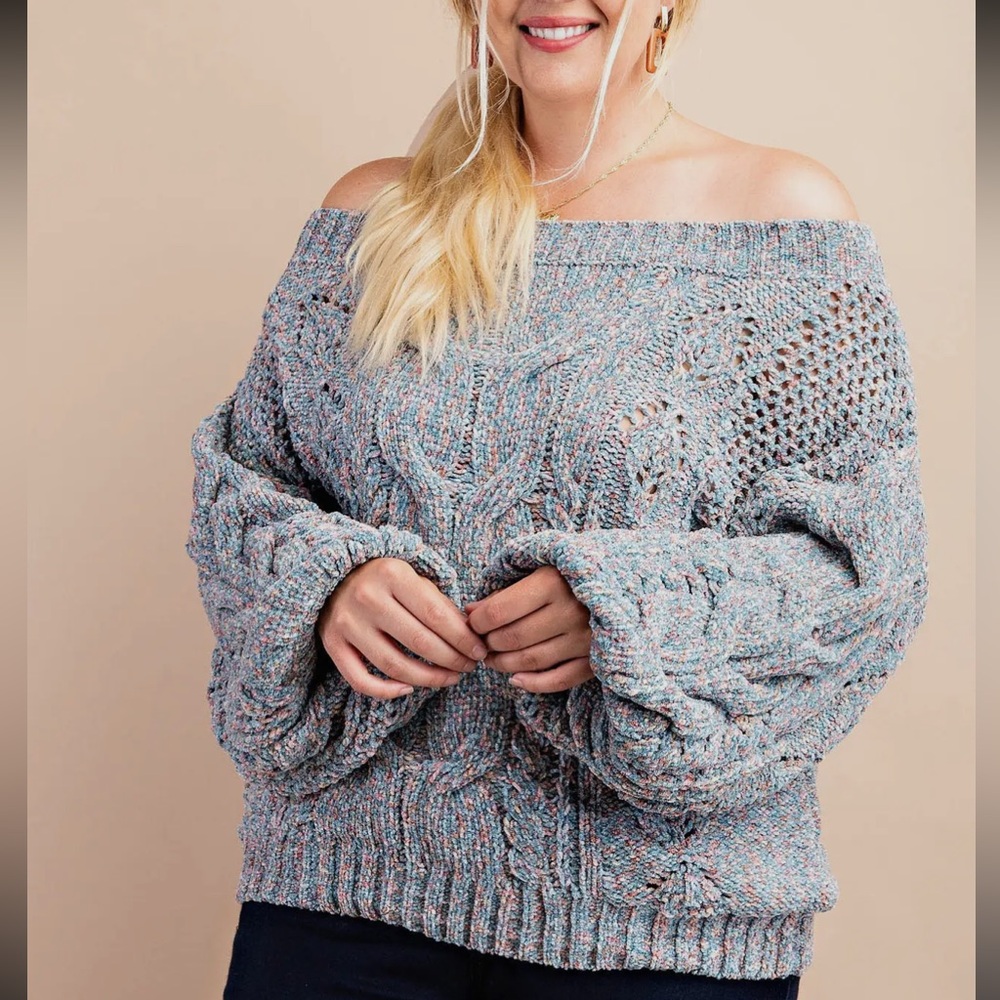 Off-the-Shoulder Cable Knit Sweater - Heather Blue